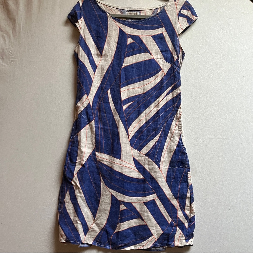Lina Tomei 100% Linen Navy & Cream Abstract Print Cap Sleeve Dress Sz S